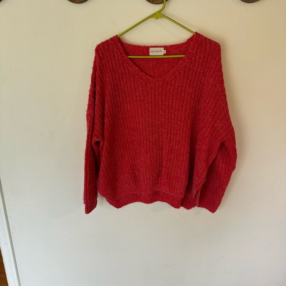 Dreamers Sweaters - Dreamers red fuzzy crochet knit crop v neck sweater size XL